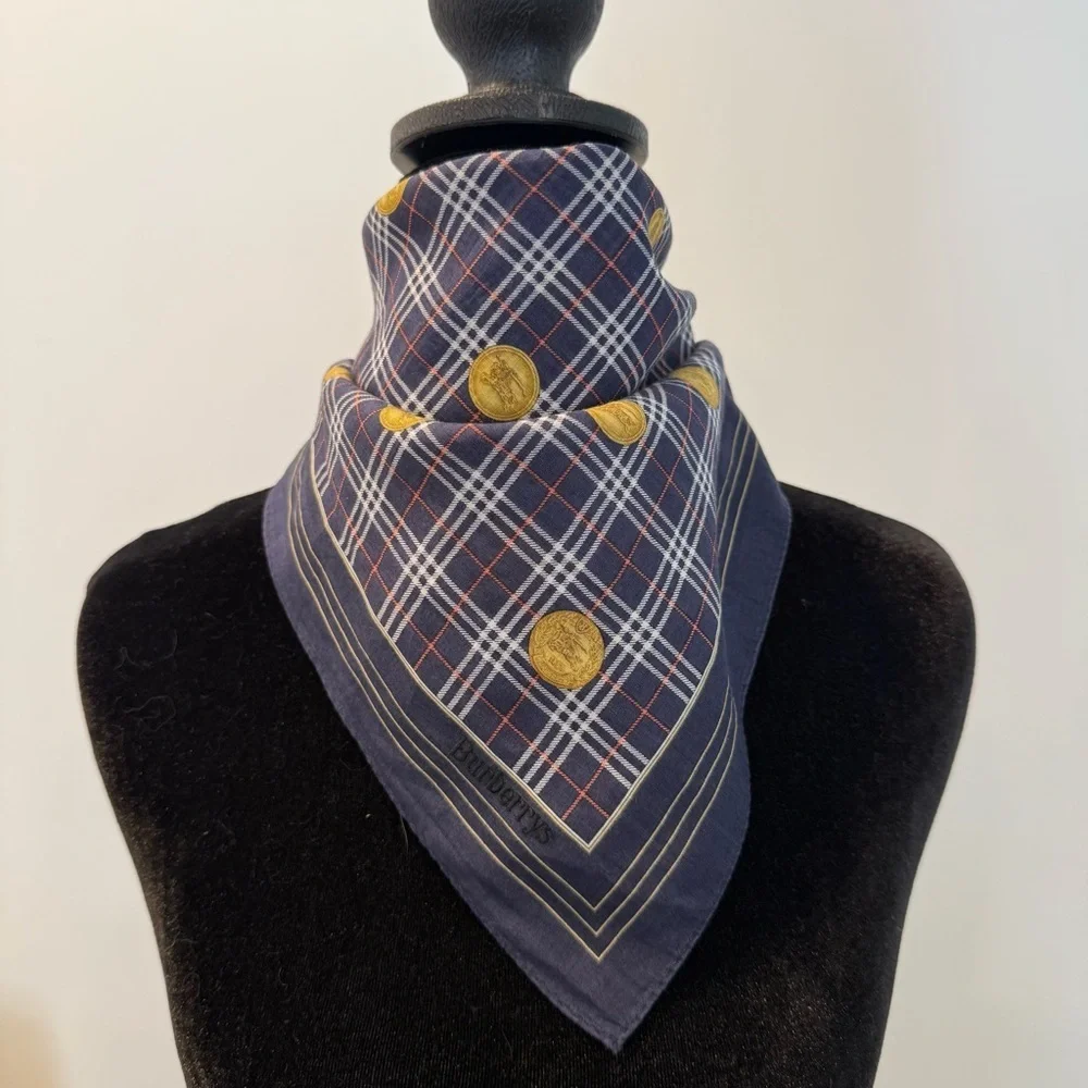Burberrys Navy and Gold Plaid Handkerchief Bandana Cotton Scarf 20”